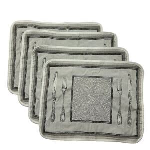 TISSUS TOSELLI Embroidered Place Setting Placemats Tan Black Set of 4 France